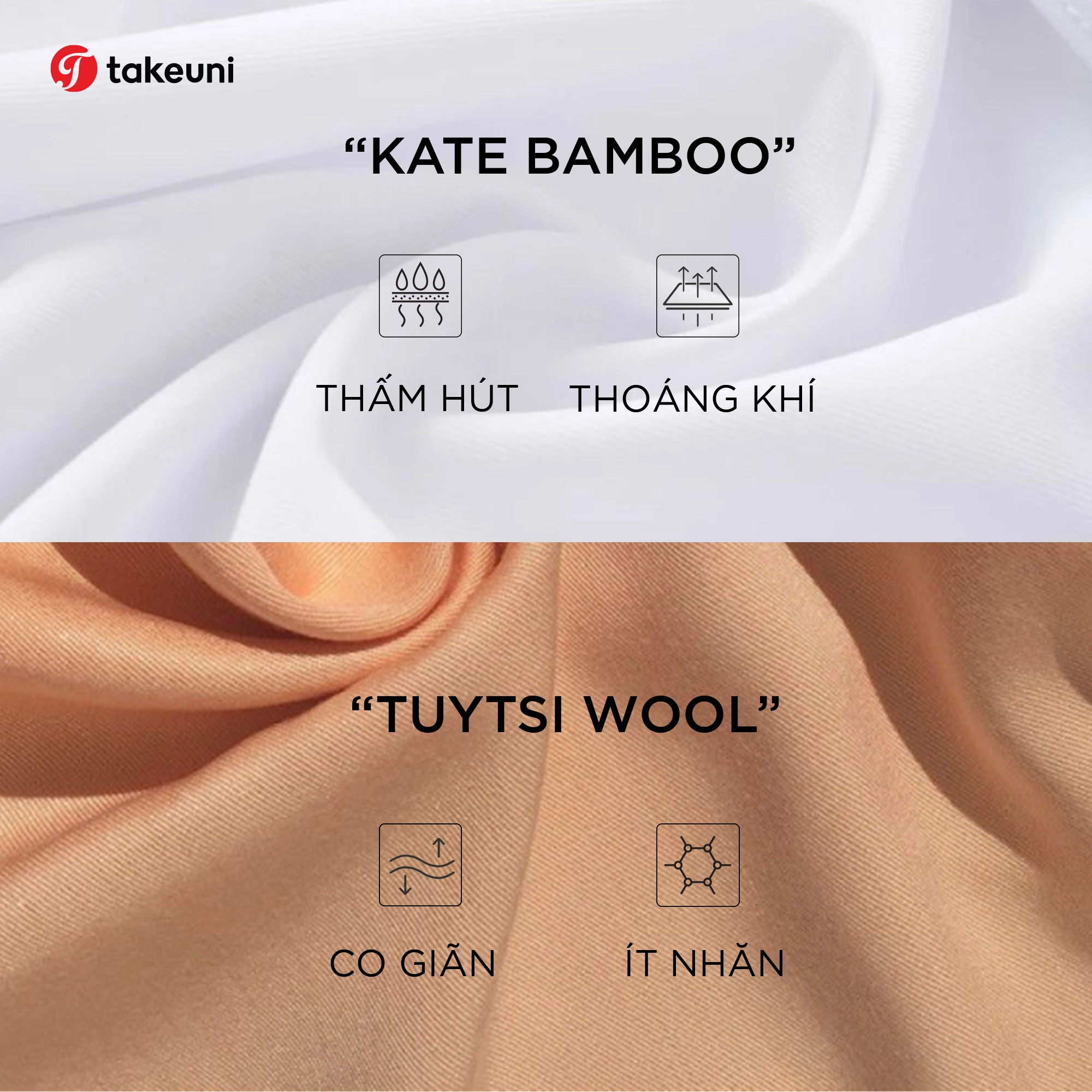 Chất vải Kate Bamboo & Tuytsi Wool - thoáng mát, thấm hút tốt, co giãn.