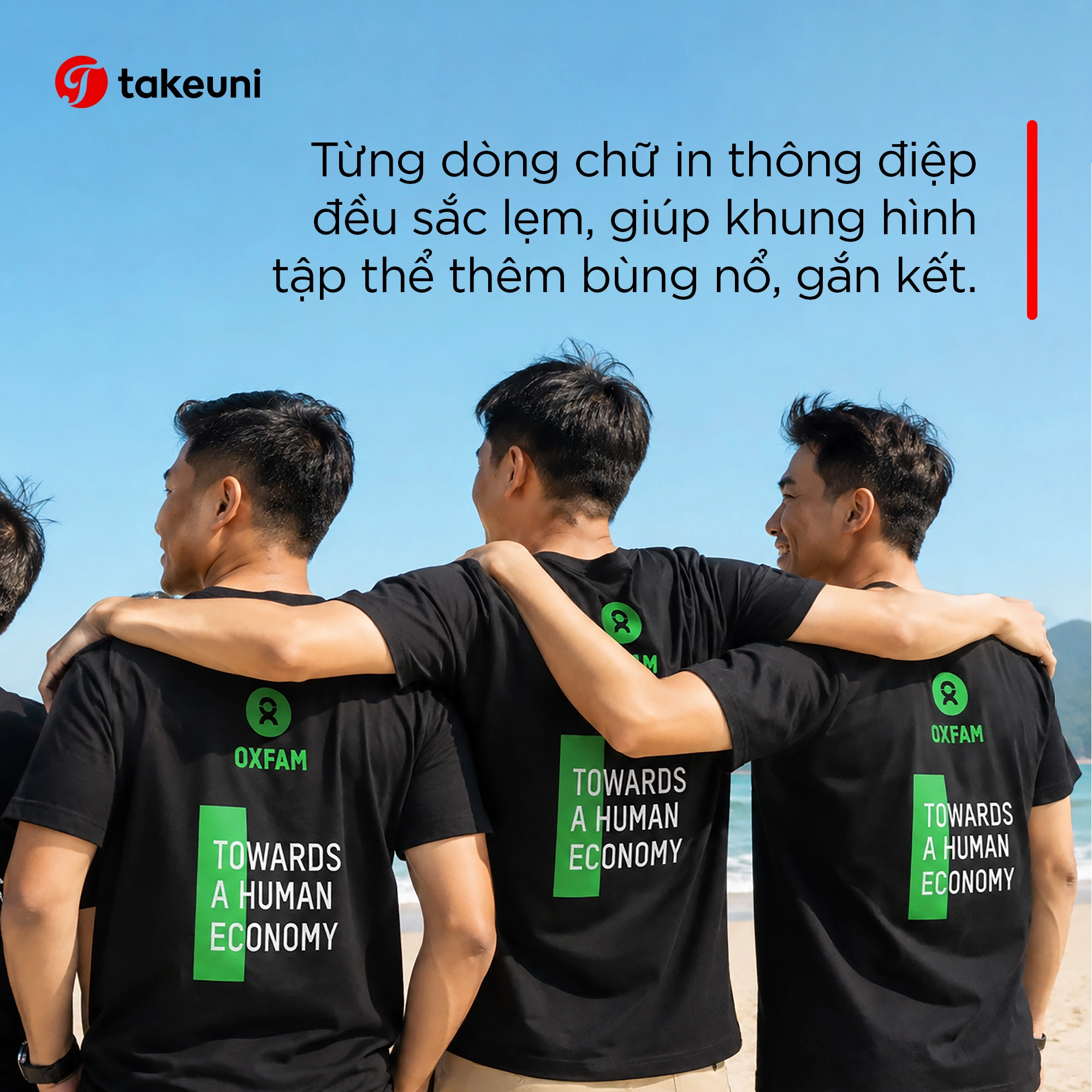 Chi tiết in thông điệp sắc nét trên đồng phục doanh nghiệp Oxfam từ TakeUni