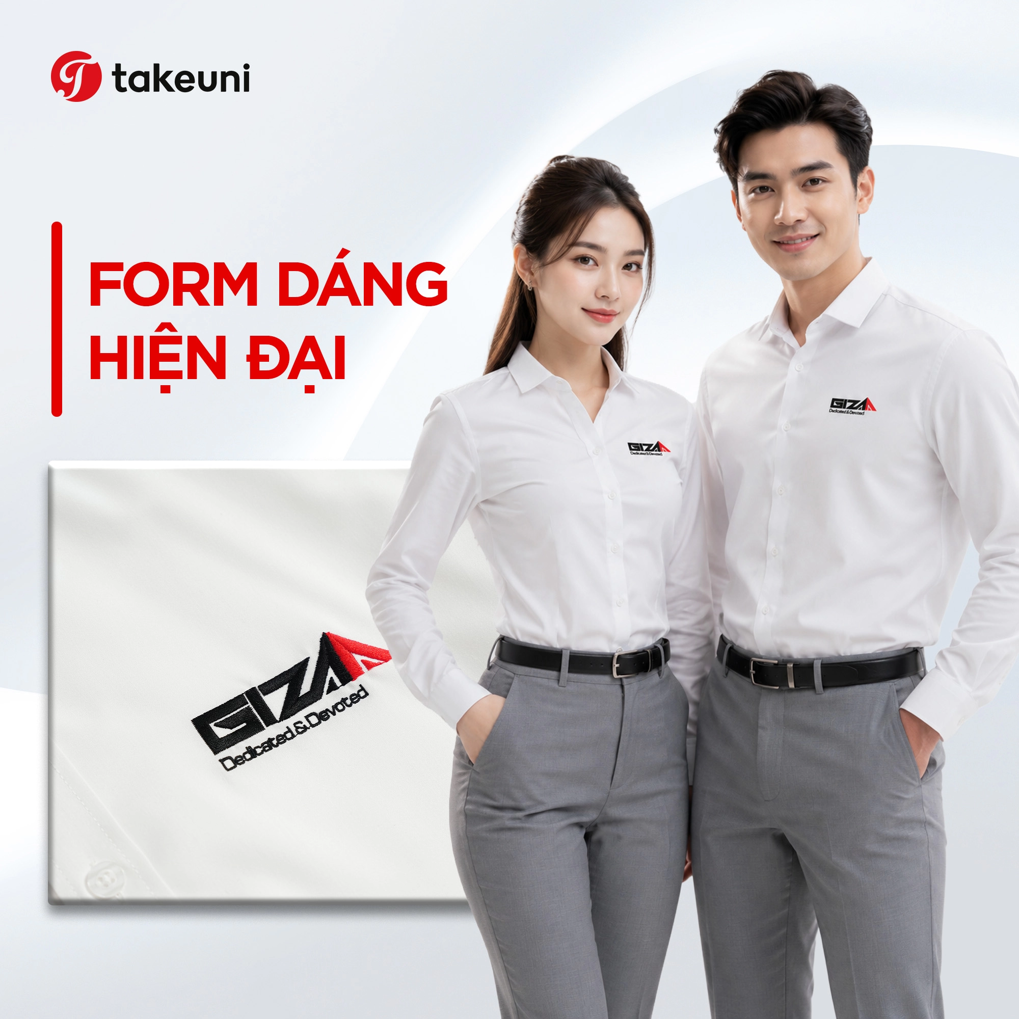 Chất liệu co giãn thoáng mát trong full set đồng phục văn phòng TakeUni