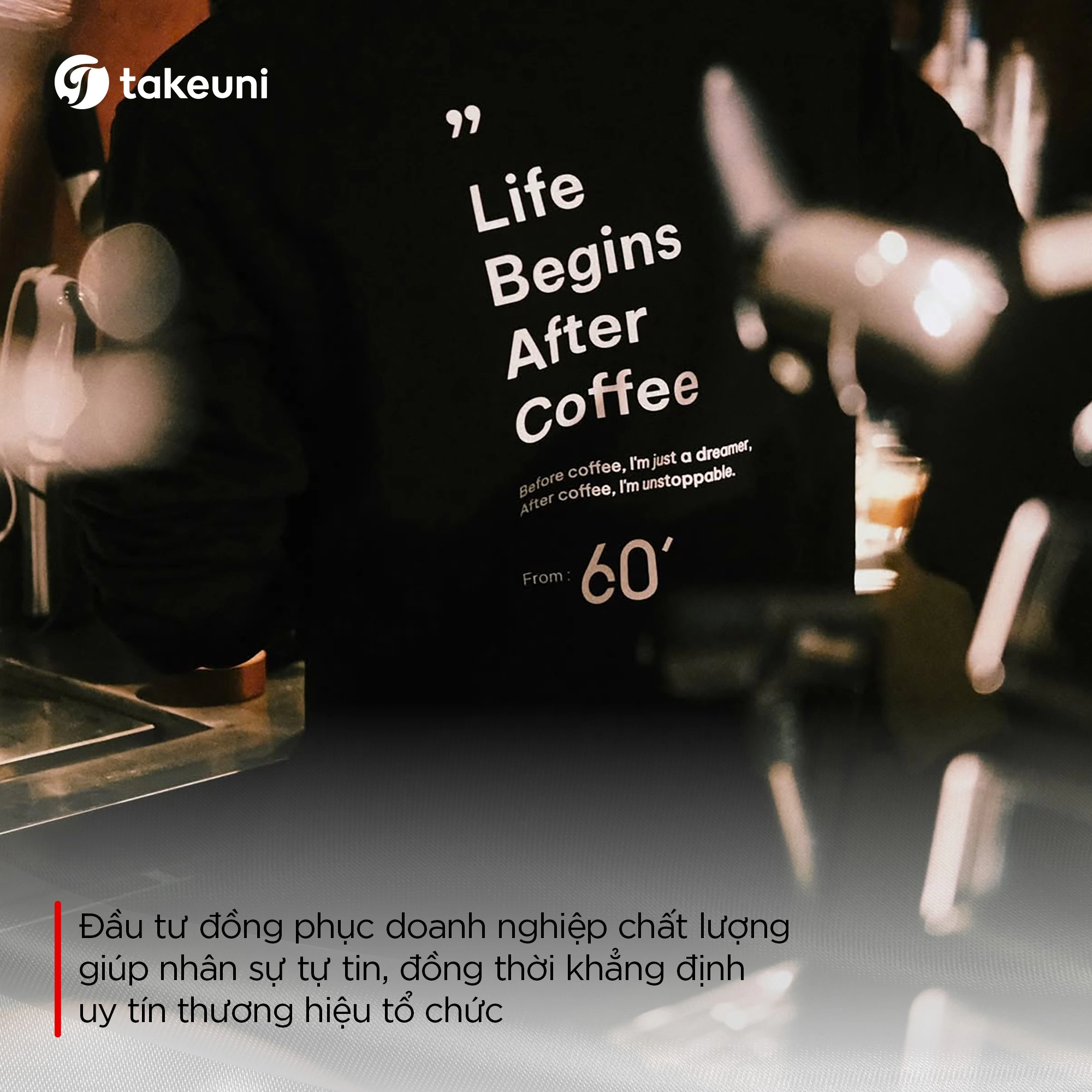 Đồng phục quán cafe barista phong cách tối giản in ấn slogan cá tính