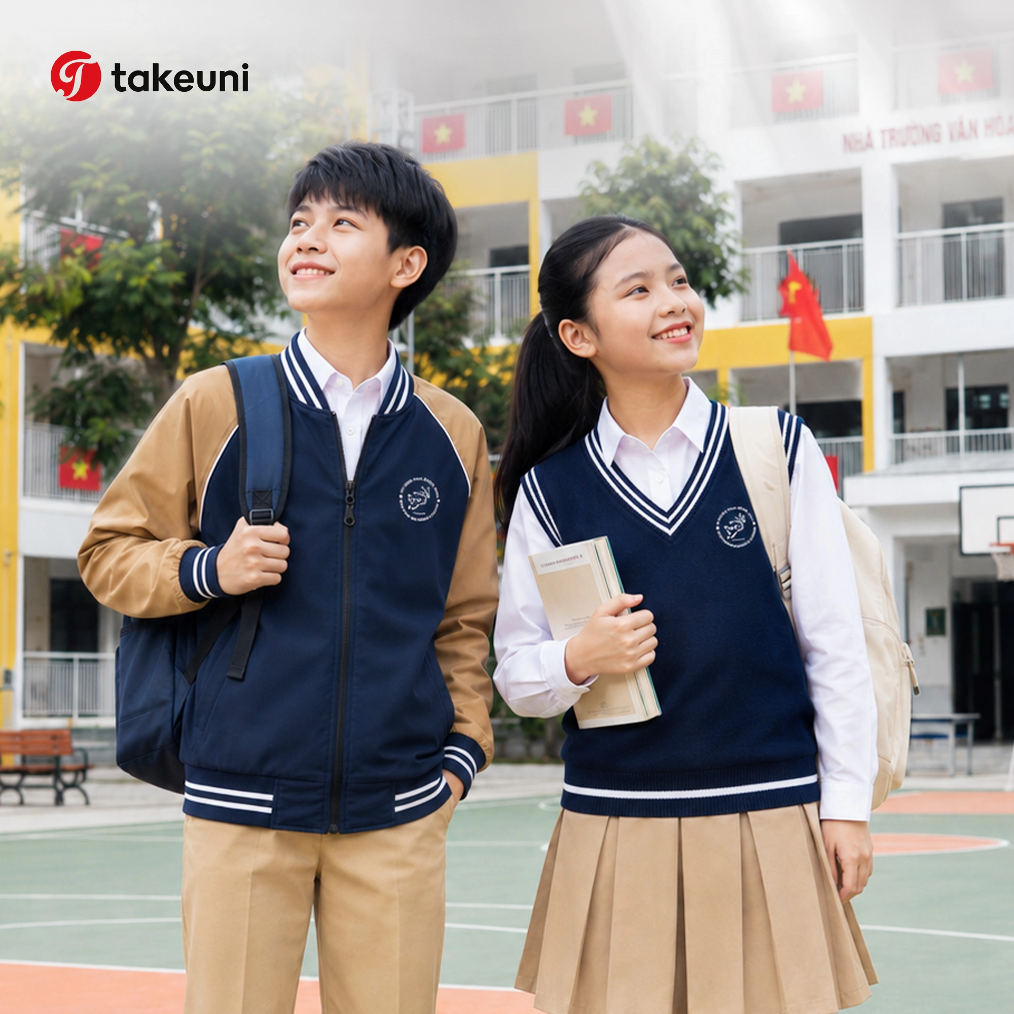 Học sinh trung học tự tin với áo khoác bomber và áo gile len đồng phục TakeUni