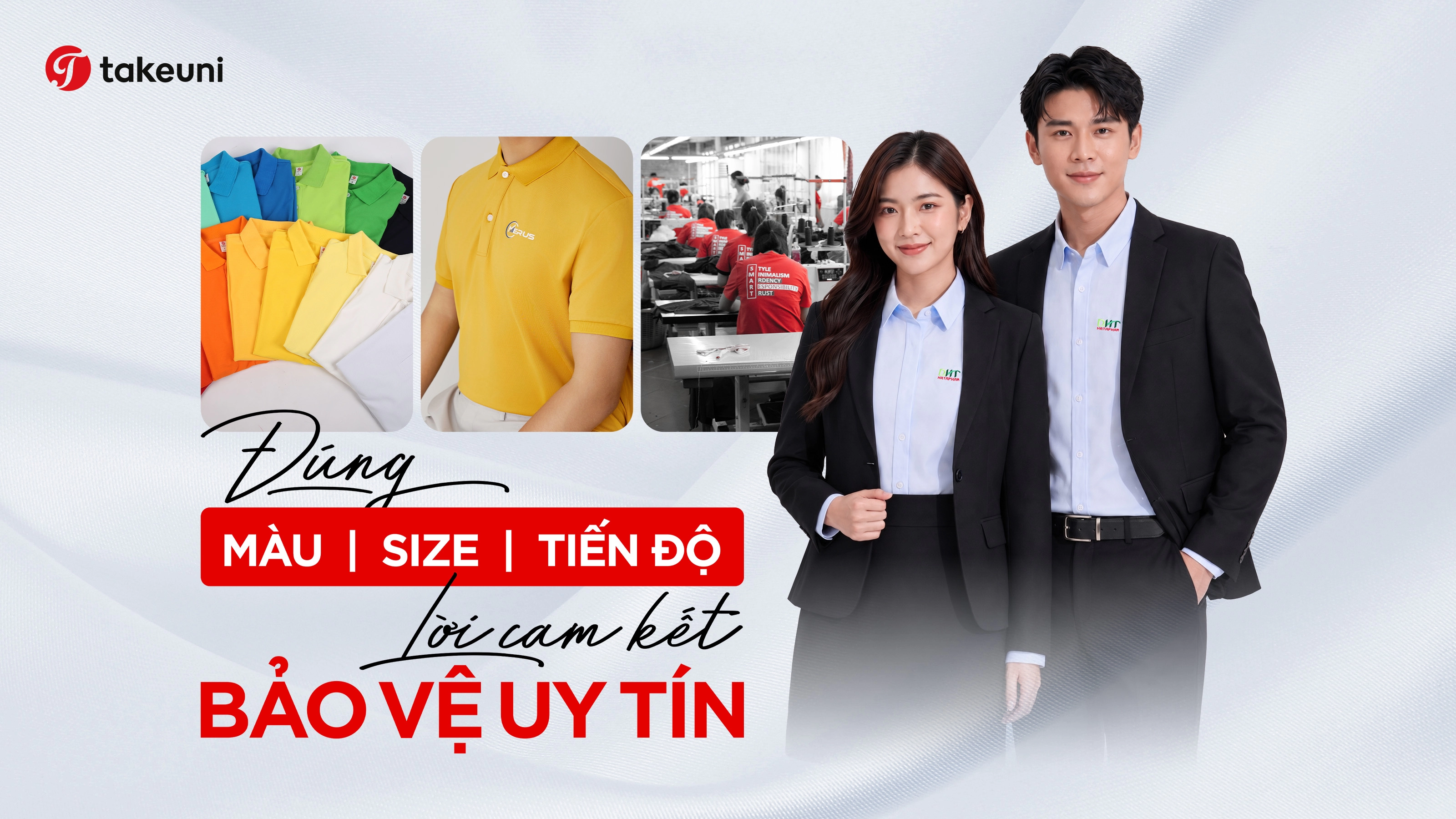 Đồng phục doanh nghiệp TakeUni chuẩn B2B cam kết đúng màu đúng size đúng tiến độ