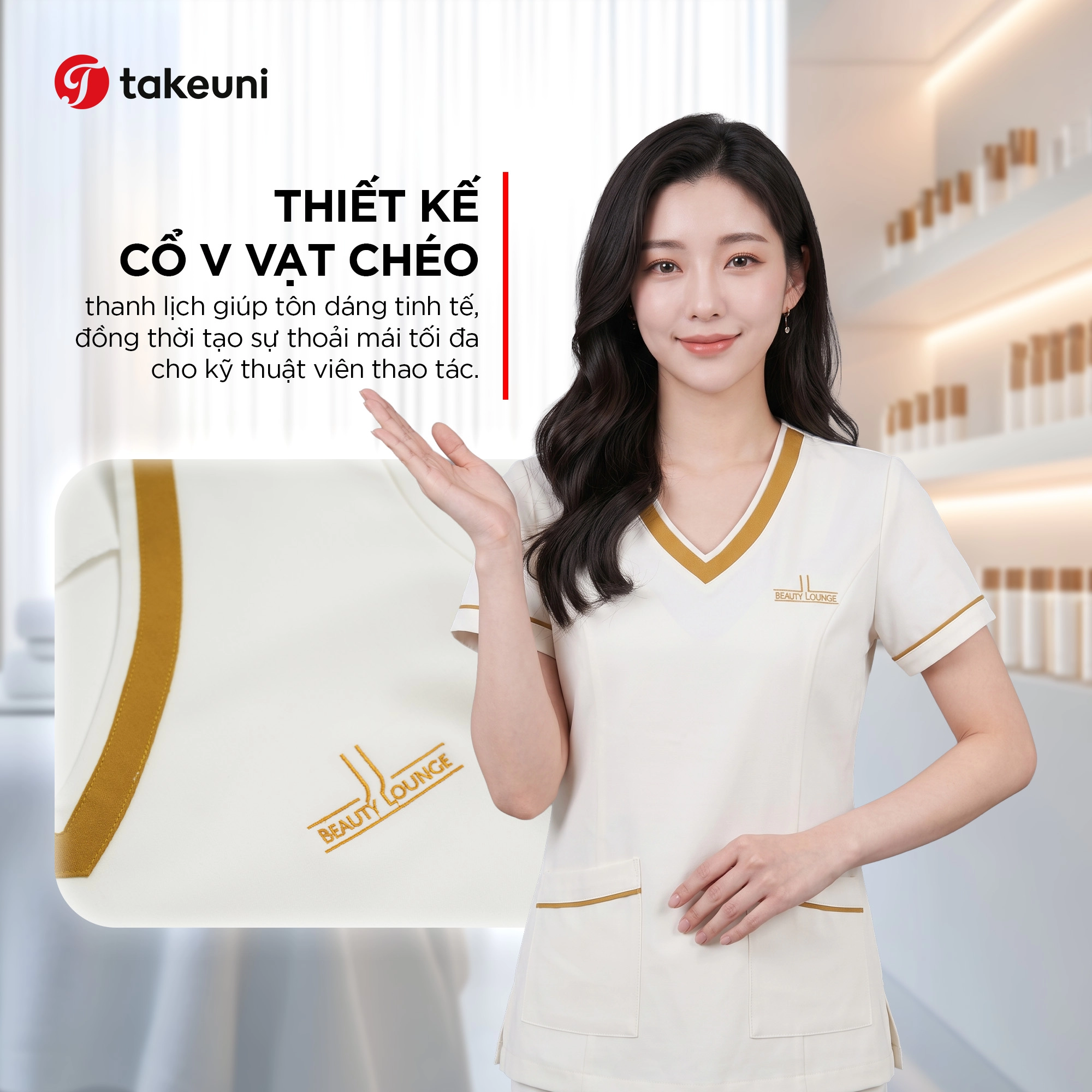 Thiết kế đồng phục spa cổ V vạt chéo thanh lịch giúp tôn dáng tinh tế