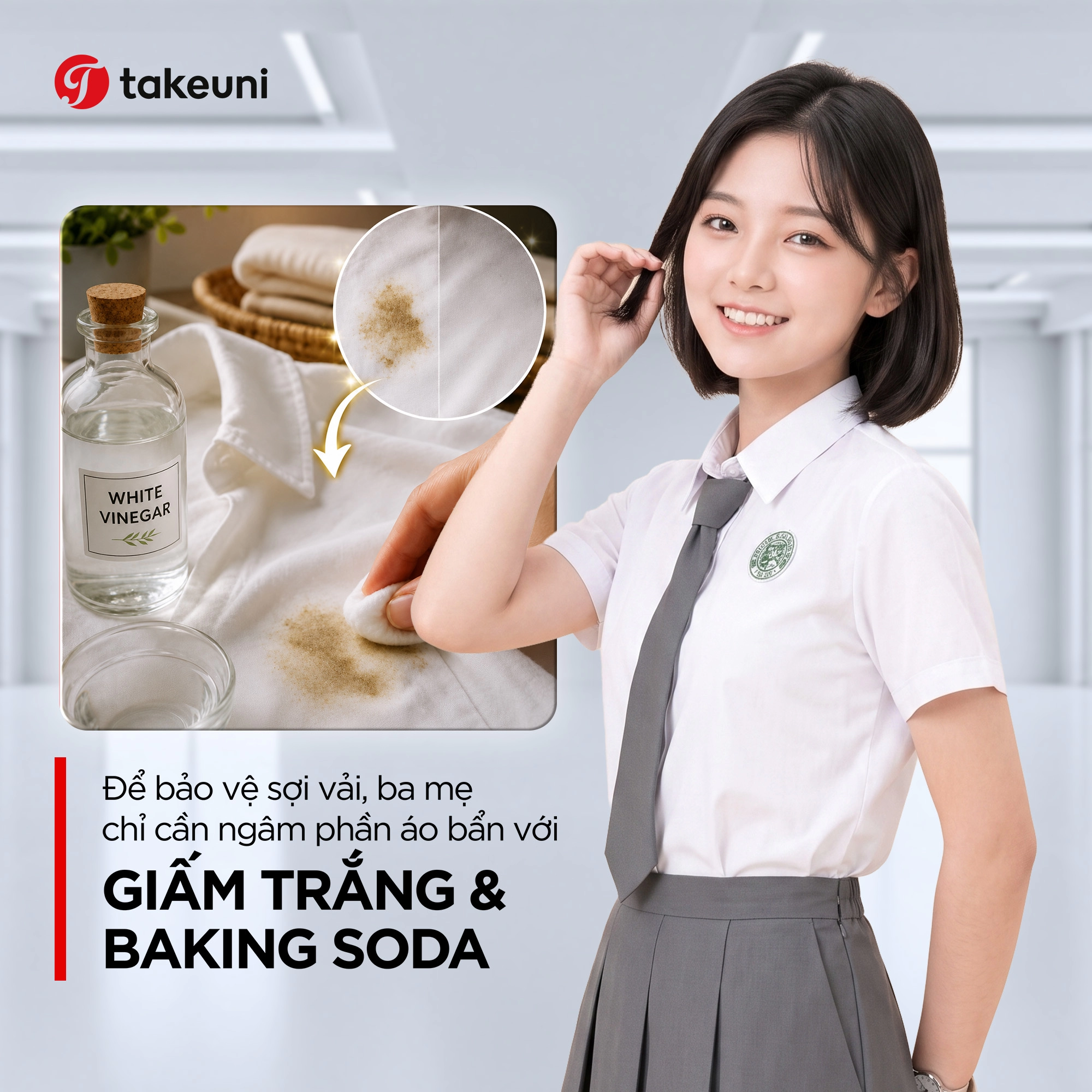 Mẹo bảo quản sơ mi trắng bằng giấm trắng và baking soda TakeUni