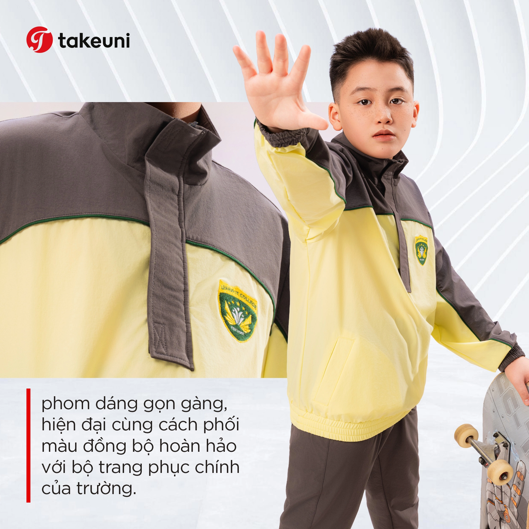 Phom dáng áo khoác đồng phục gọn gàng hiện đại